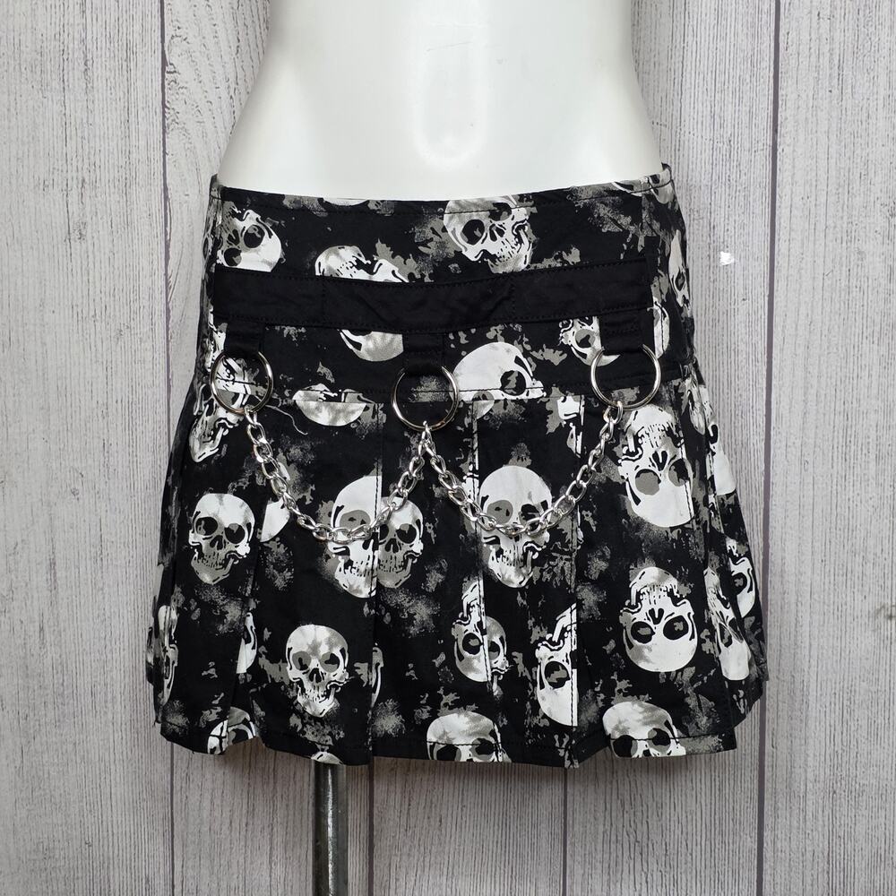 Tripp NYC Shadow Skull Mary Chain Pleated Mini Skirt Goth Punk Chains, L (32" W)